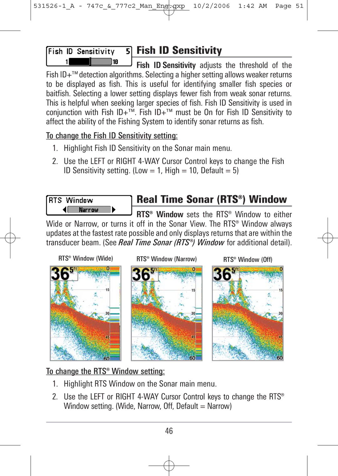 Humminbird 777c2, 747c manual Fish ID Sensitivity, Real Time Sonar RTS Window 