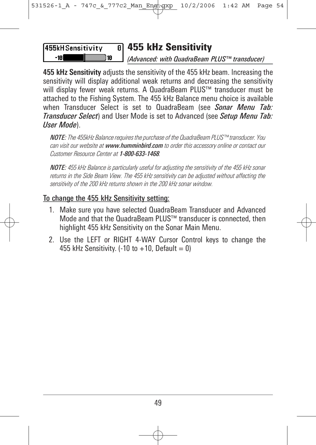 Humminbird 747c, 777c2 manual To change the 455 kHz Sensitivity setting, Advanced with QuadraBeam Plus transducer 