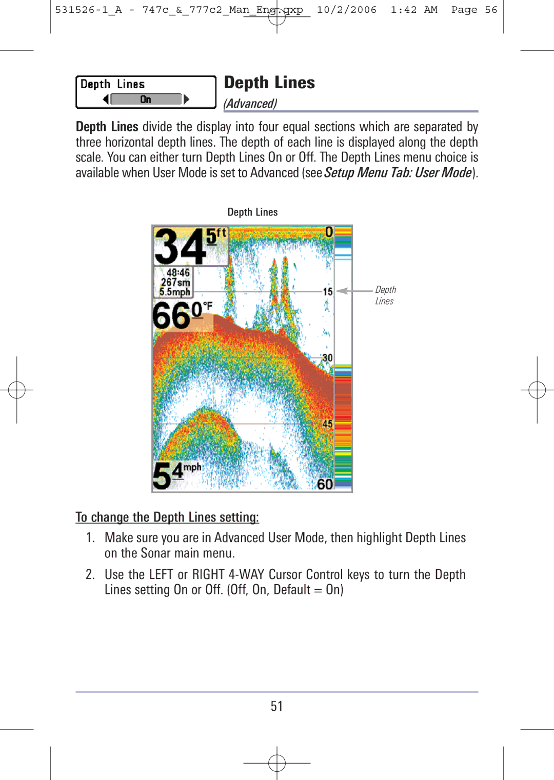 Humminbird 747c, 777c2 manual Depth Lines, Advanced 