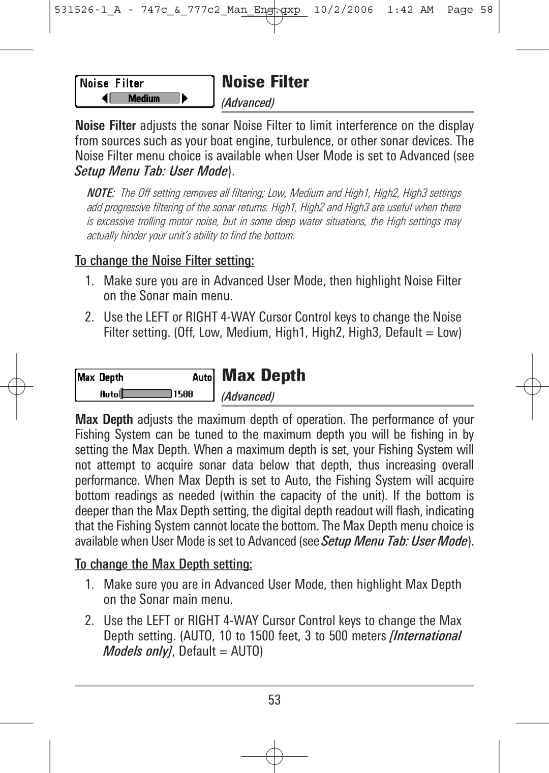 Humminbird 747c, 777c2 manual Noise Filter, Max Depth 