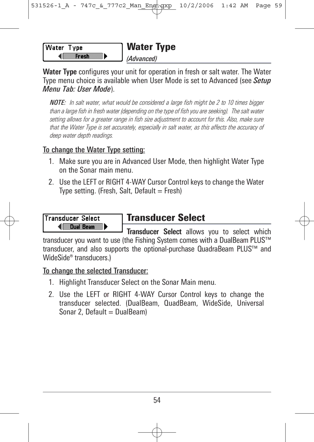 Humminbird 777c2, 747c manual Water Type, Transducer Select 