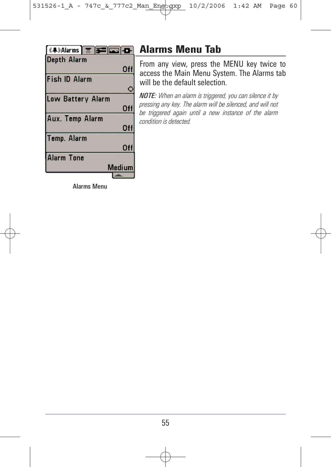 Humminbird 747c, 777c2 manual Alarms Menu Tab 