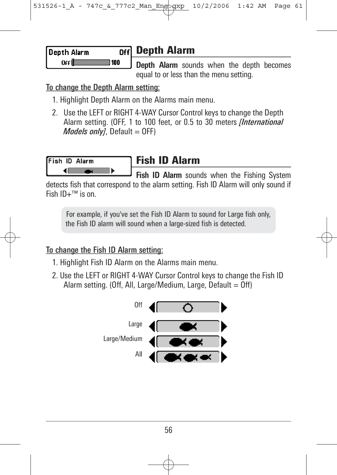 Humminbird 777c2, 747c manual Depth Alarm, Fish ID Alarm 