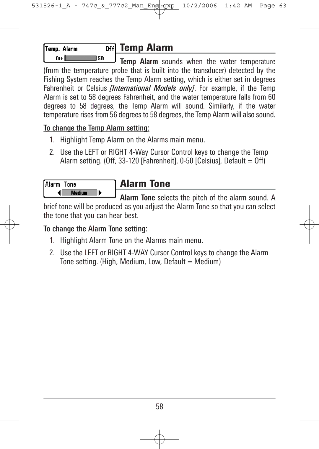 Humminbird 777c2, 747c manual Temp Alarm, Alarm Tone 