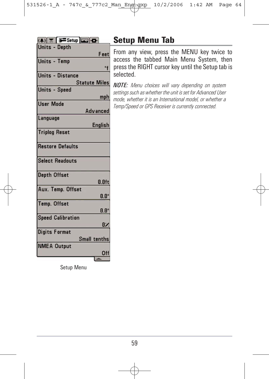 Humminbird 747c, 777c2 manual Setup Menu Tab 