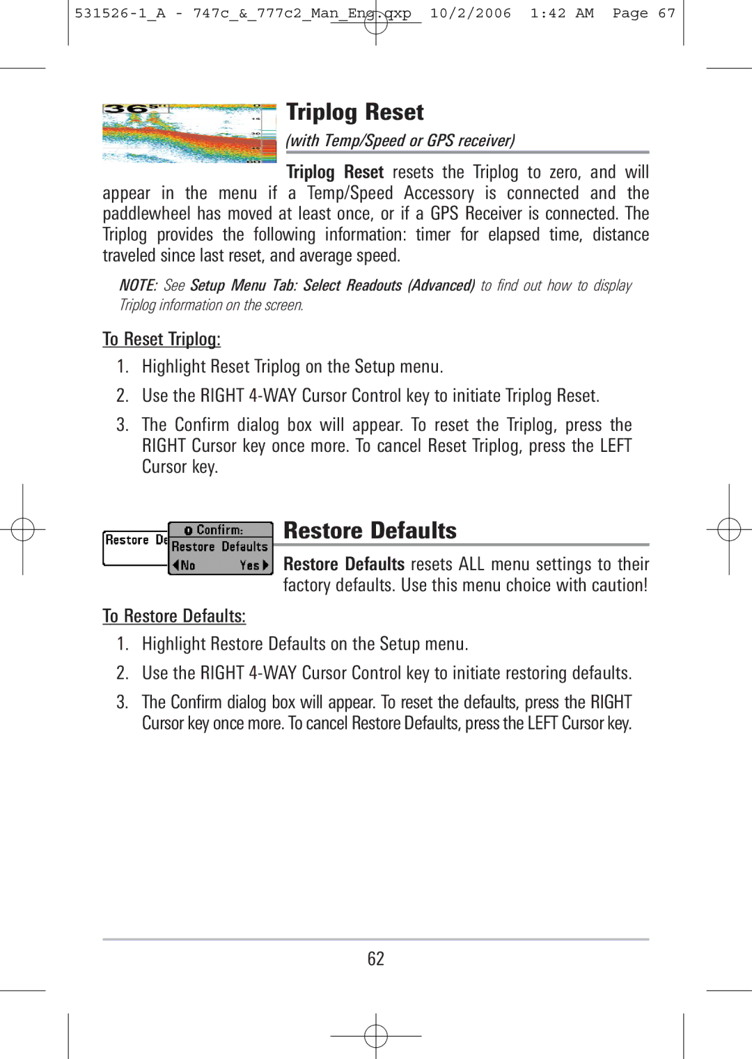 Humminbird 777c2, 747c manual Triplog Reset, Restore Defaults 