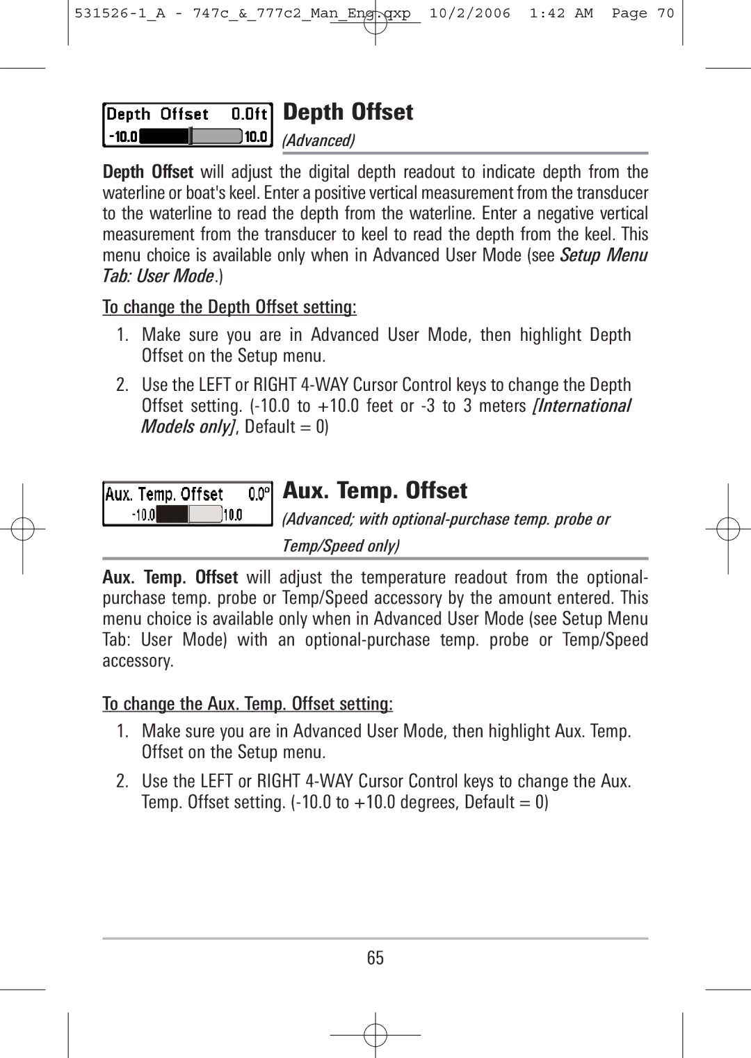 Humminbird 747c, 777c2 manual Depth Offset, Aux. Temp. Offset 