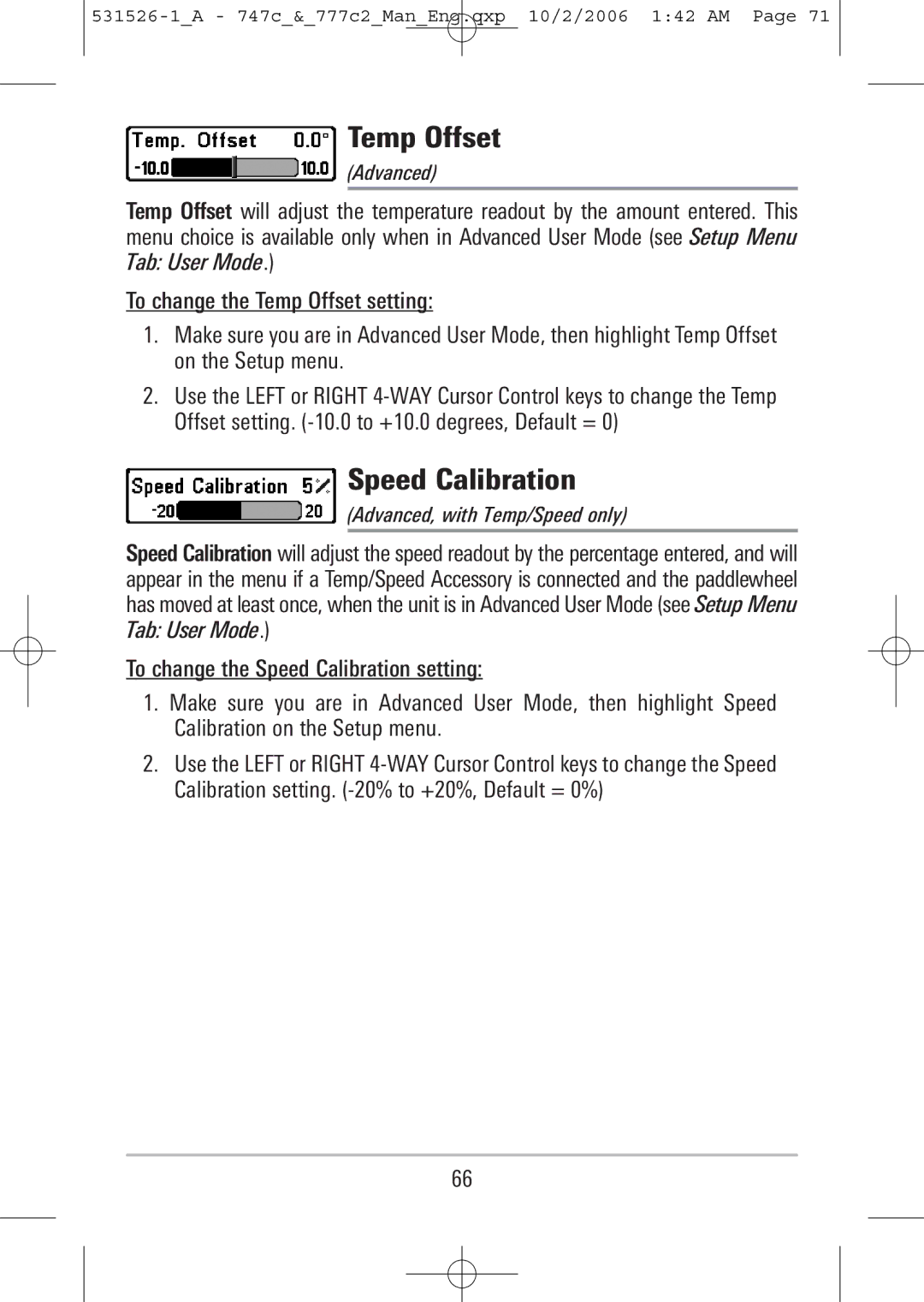 Humminbird 777c2, 747c manual Temp Offset, Speed Calibration, Advanced, with Temp/Speed only 