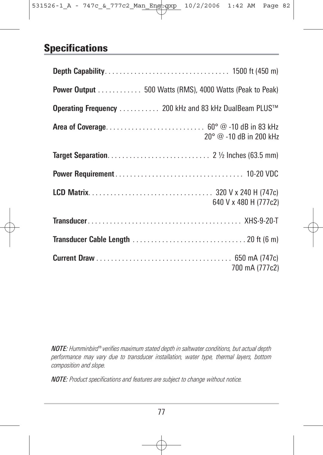 Humminbird 747c, 777c2 manual Specifications 