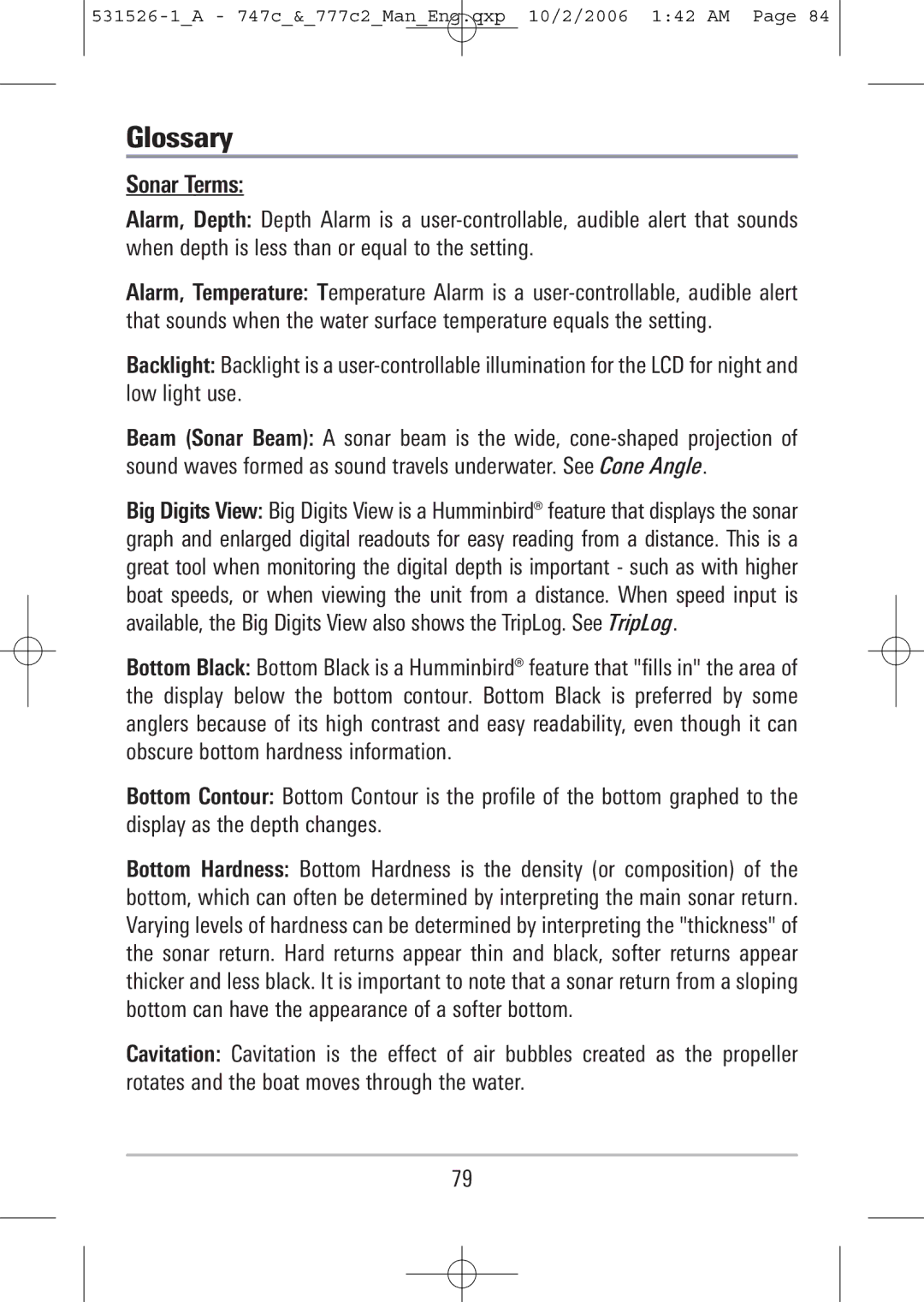 Humminbird 747c, 777c2 manual Glossary, Sonar Terms 