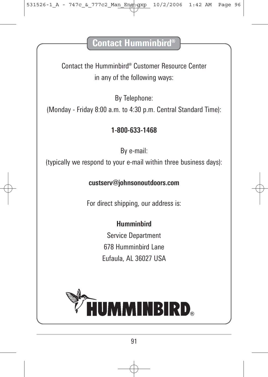 Humminbird 747c, 777c2 manual Contact Humminbird 