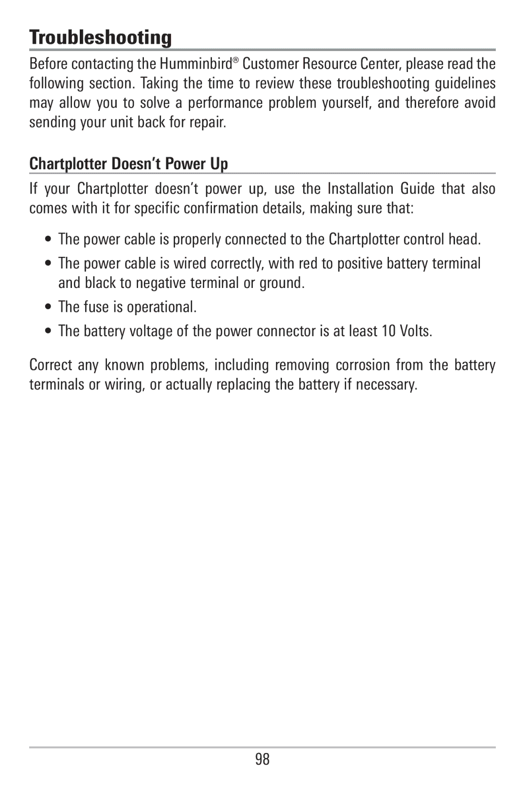 Humminbird 785C2I, 755C manual Troubleshooting, Chartplotter Doesn’t Power Up 