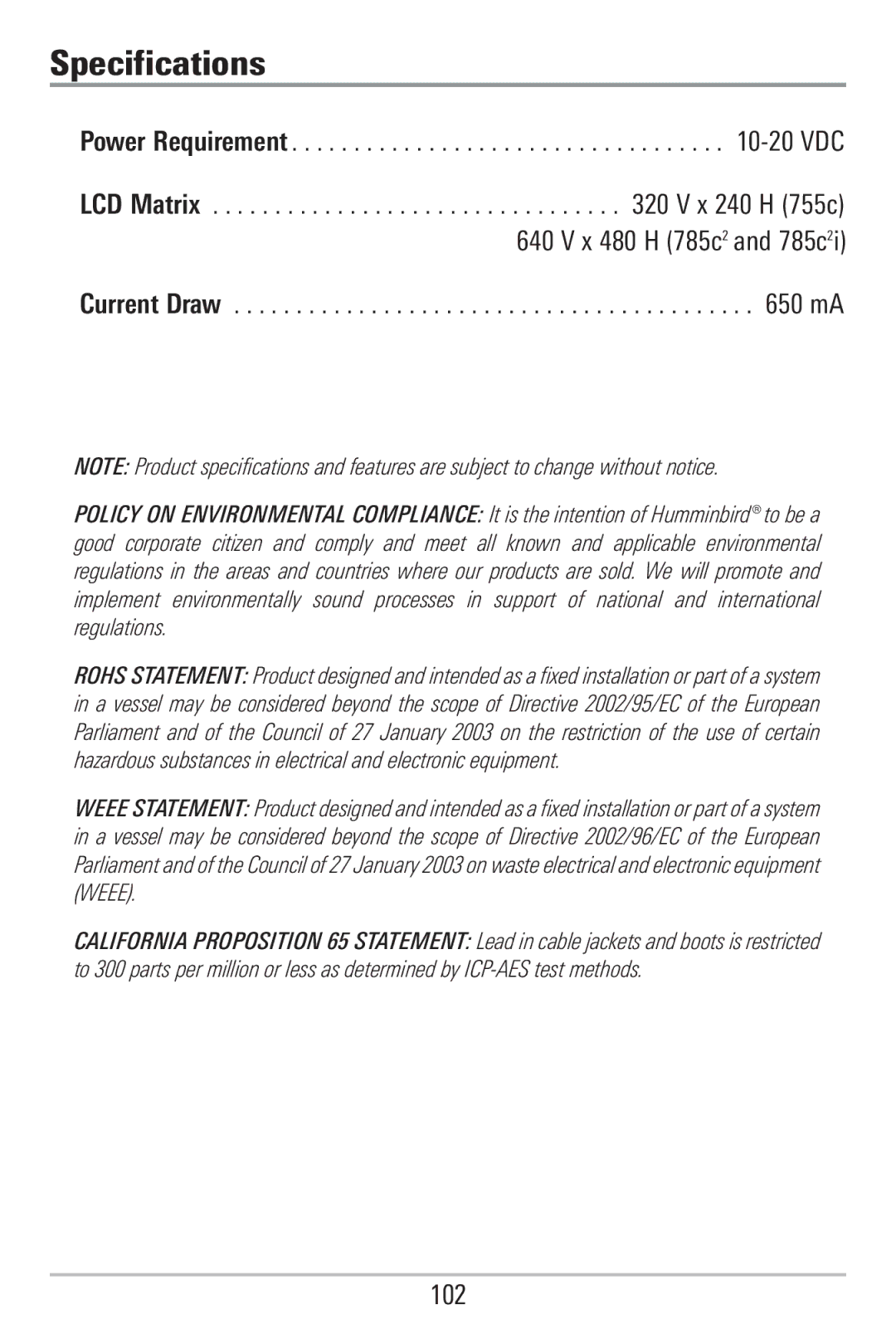 Humminbird 755C, 785C2I manual Specifications, Current Draw mA 