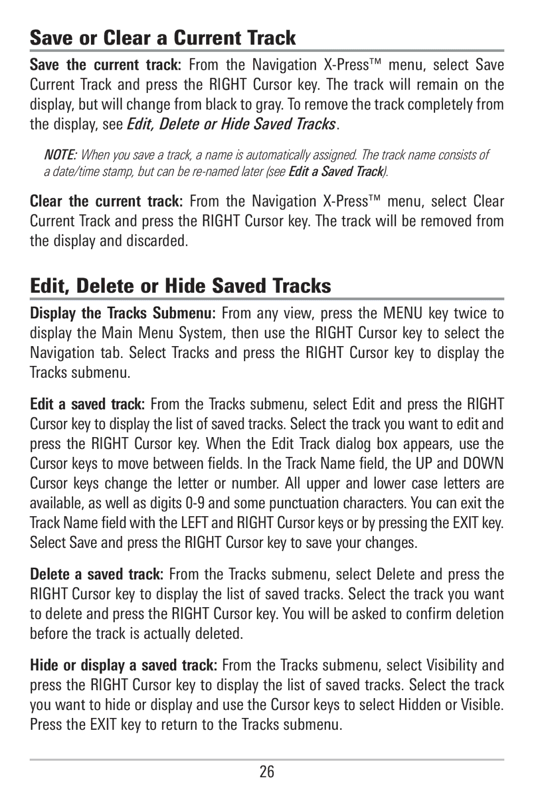 Humminbird 785C2I, 755C manual Save or Clear a Current Track, Edit, Delete or Hide Saved Tracks 