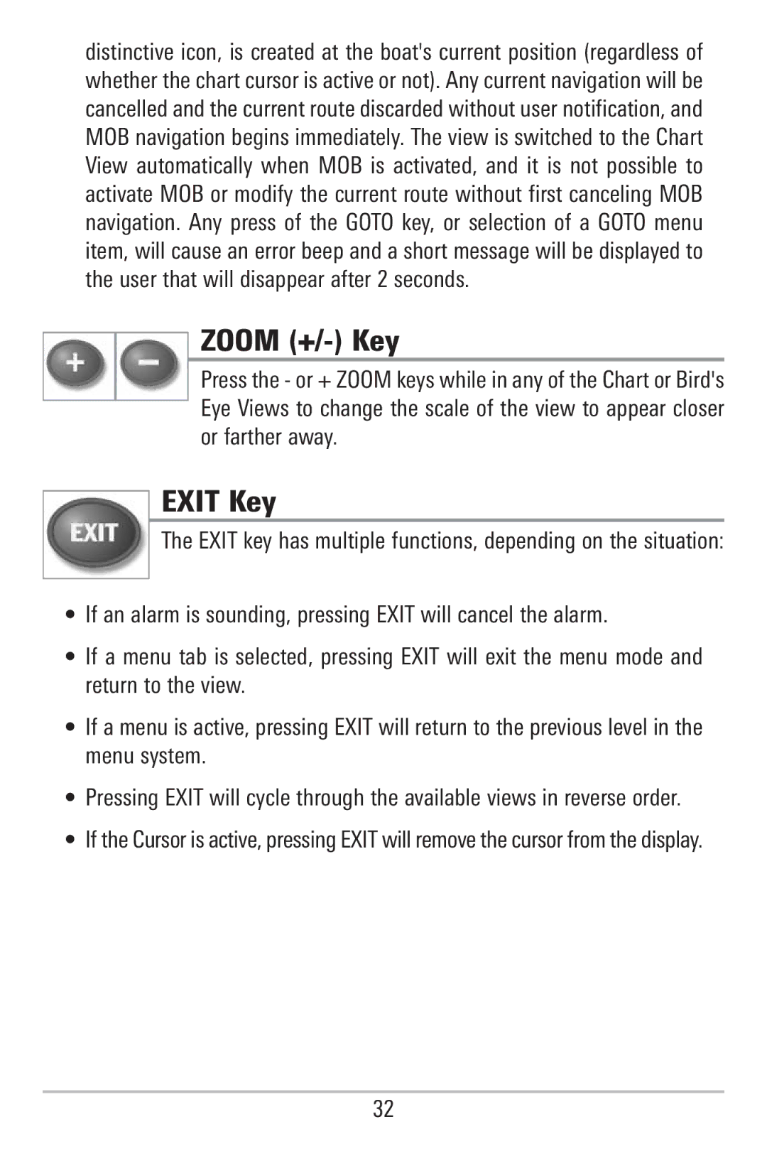 Humminbird 785C2I, 755C manual Zoom +/- Key, Exit Key 