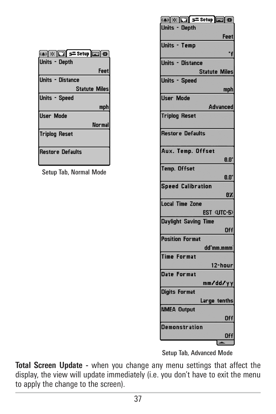 Humminbird 755C, 785C2I manual Setup Tab, Normal Mode Setup Tab, Advanced Mode 