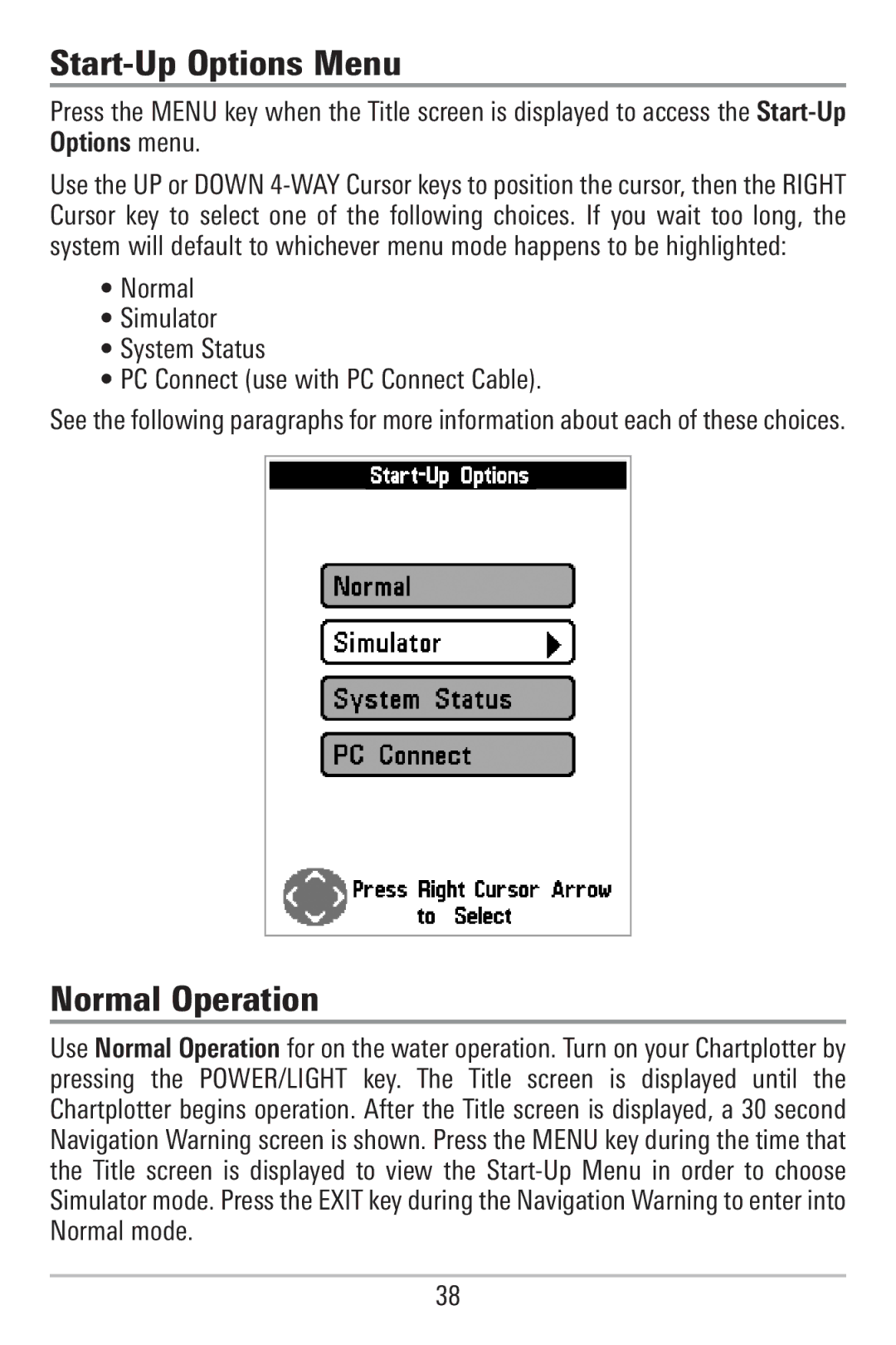 Humminbird 785C2I, 755C manual Start-Up Options Menu, Normal Operation 