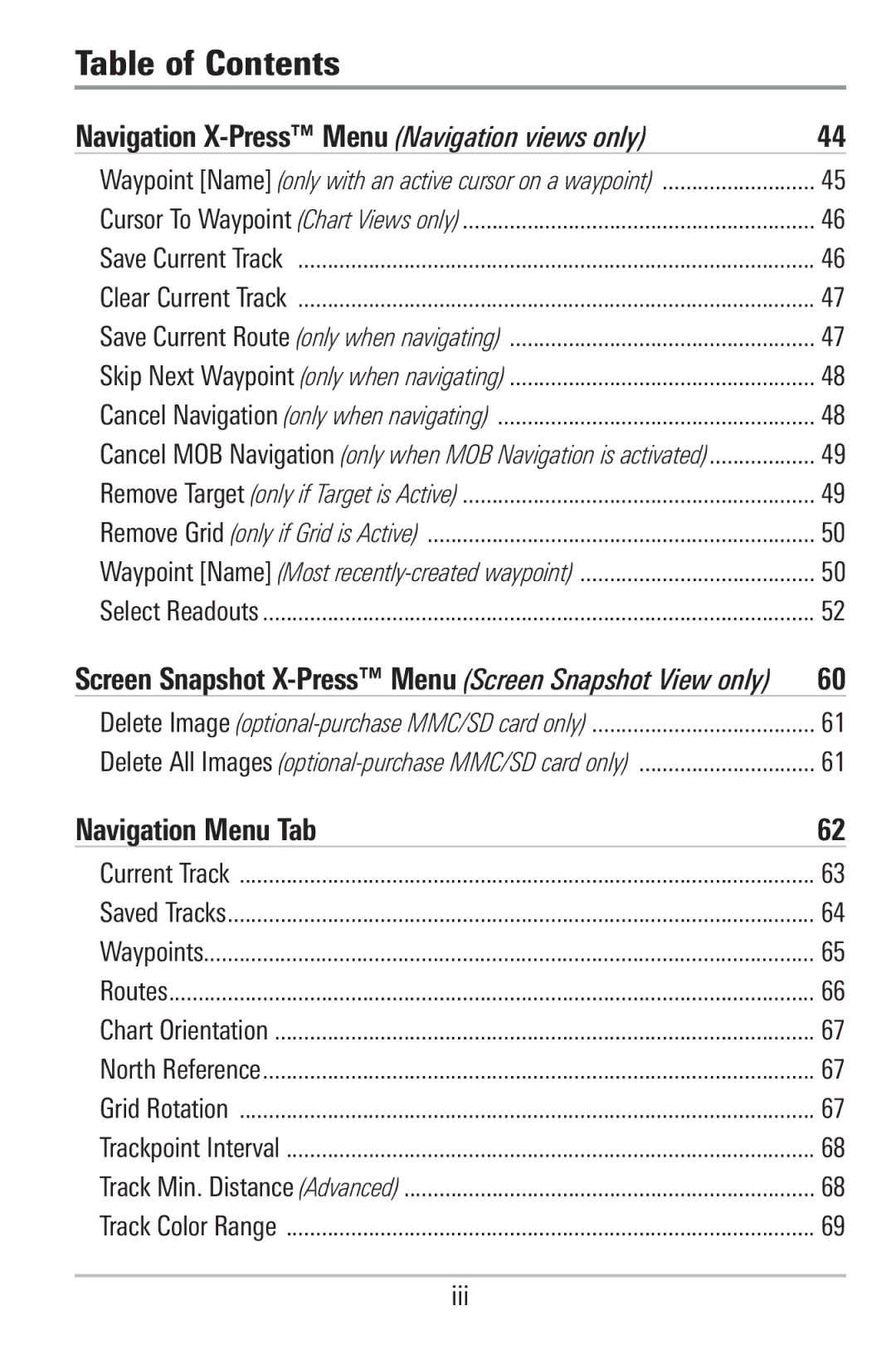 Humminbird 755C, 785C2I manual Navigation X-Press Menu Navigation views only, Iii 