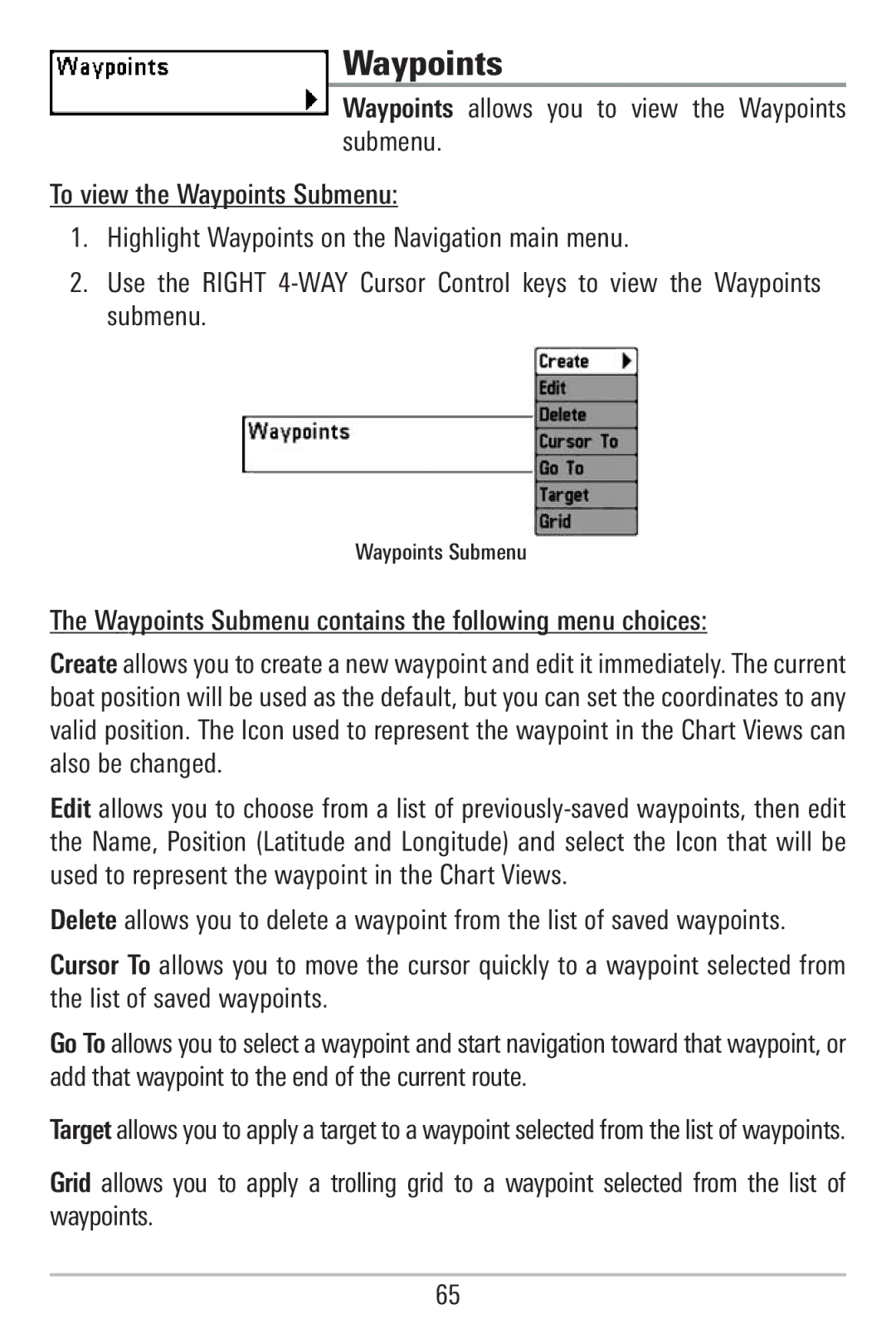 Humminbird 785C2I, 755C manual Waypoints Submenu contains the following menu choices 