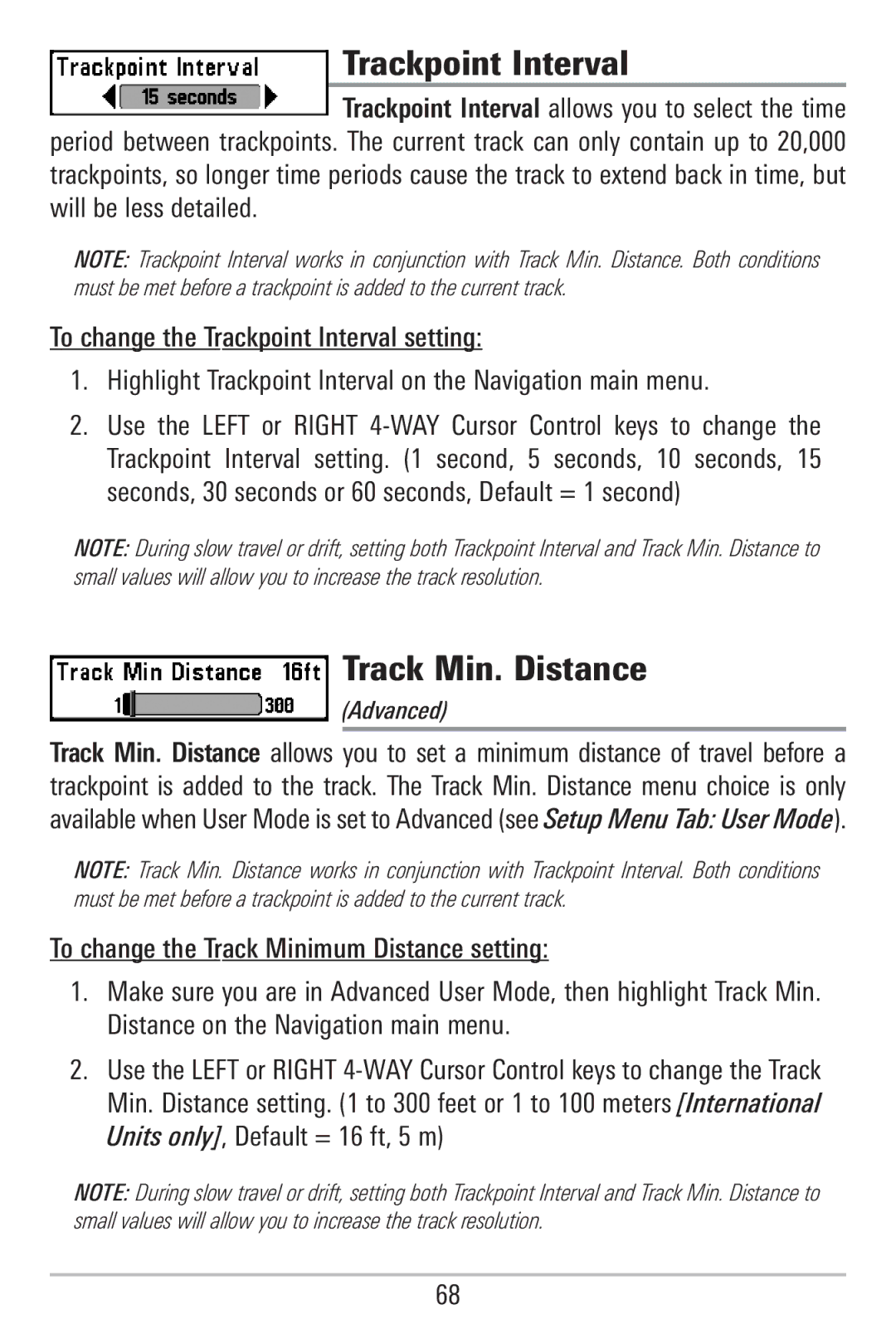 Humminbird 785C2I, 755C manual Trackpoint Interval, Track Min. Distance 