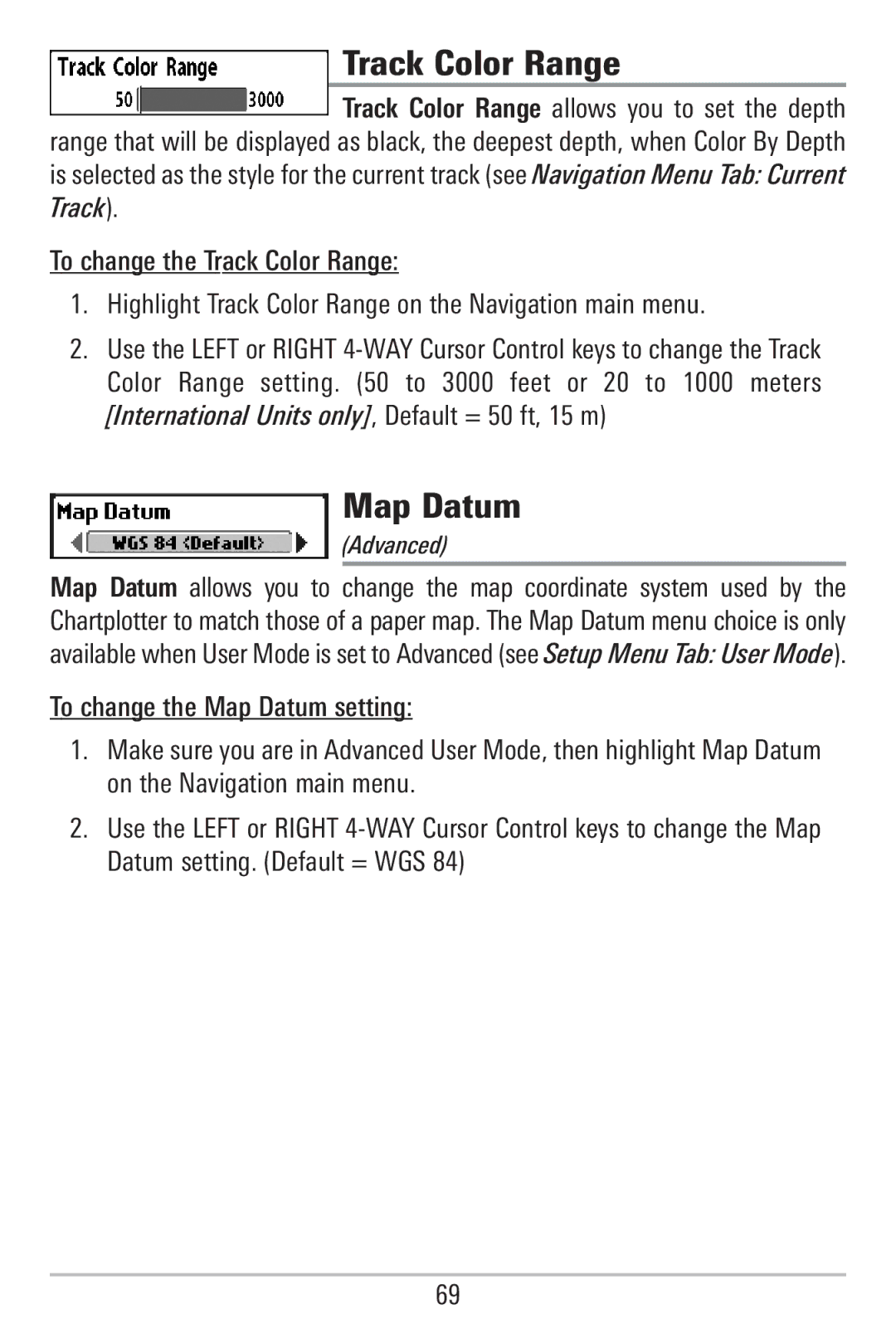 Humminbird 755C, 785C2I manual Track Color Range, Map Datum 