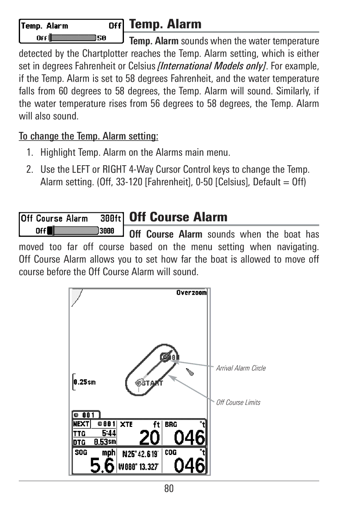 Humminbird 785C2I, 755C manual Temp. Alarm, Off Course Alarm 