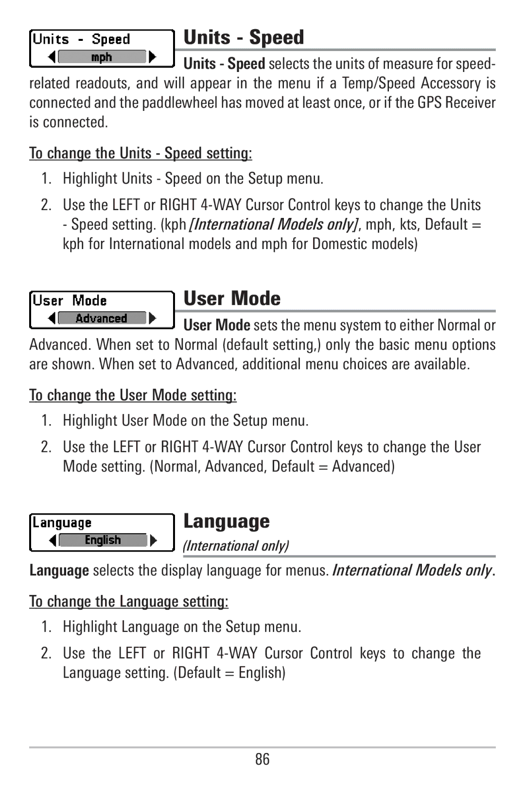 Humminbird 785C2I, 755C manual Units Speed, User Mode, Language 