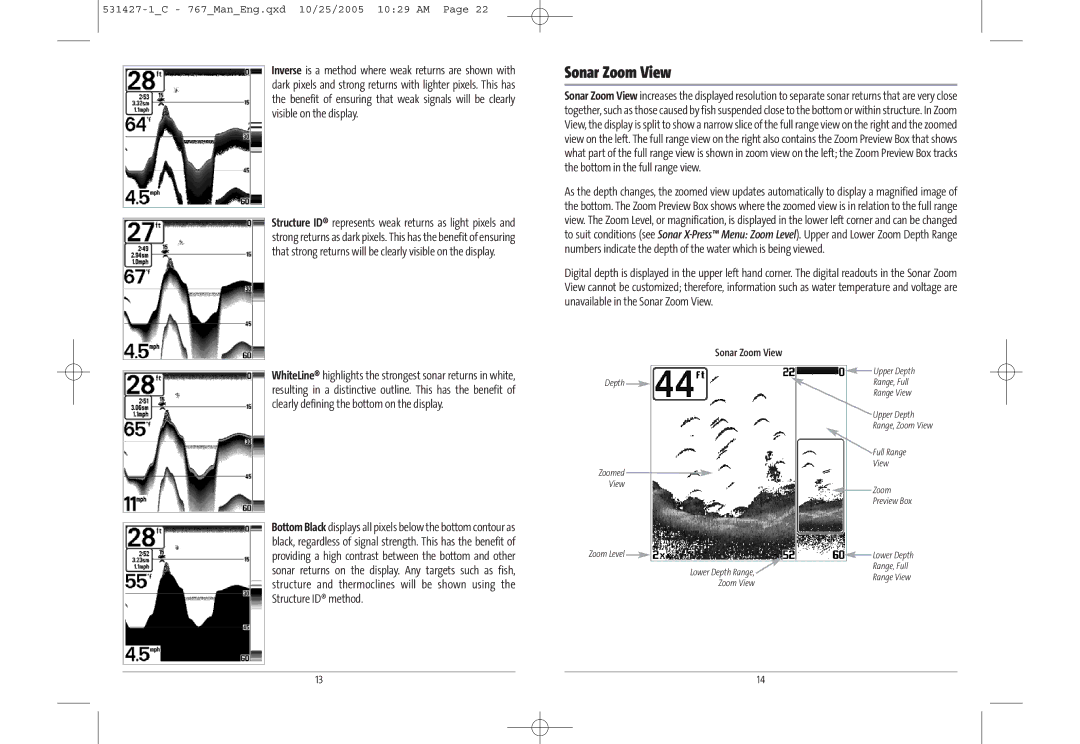 Humminbird 767 manual Sonar Zoom View 