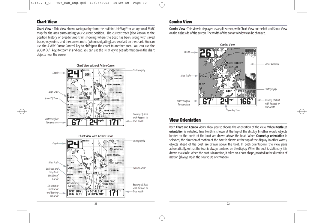 Humminbird 767 manual Chart View, Combo View, View Orientation 