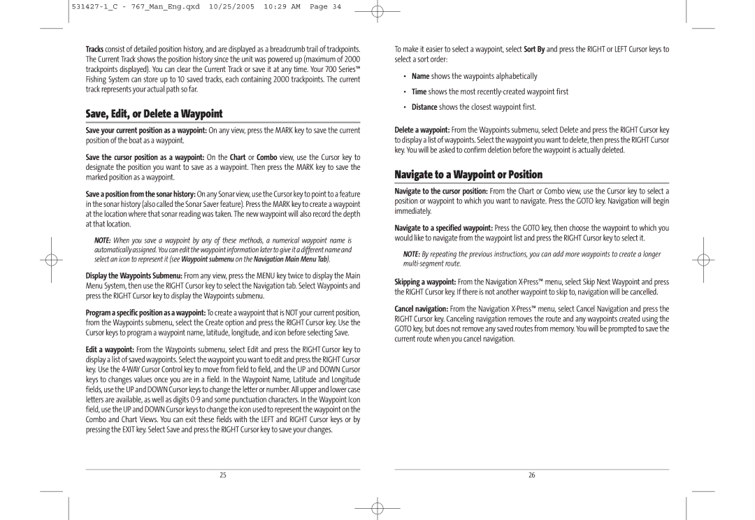 Humminbird 767 manual Save, Edit, or Delete a Waypoint, Navigate to a Waypoint or Position 