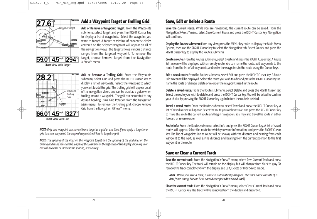 Humminbird 767 manual Save, Edit or Delete a Route, Save or Clear a Current Track, Add a Waypoint Target or Trolling Grid 