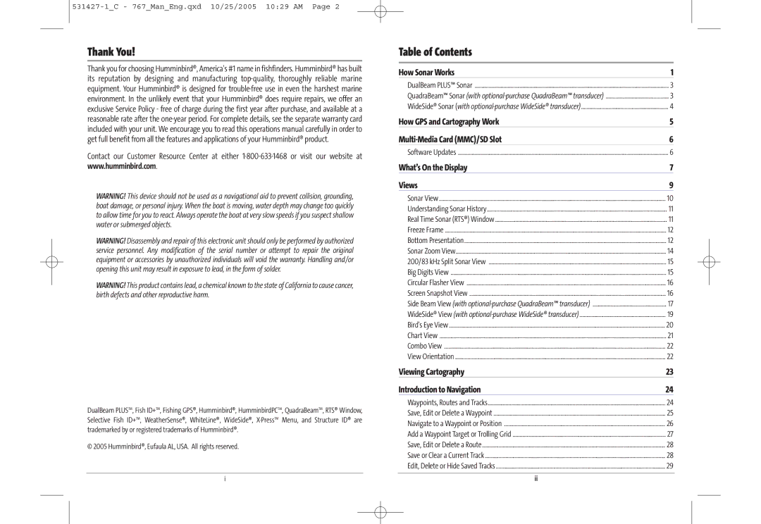 Humminbird 767 manual Thank You, Table of Contents 