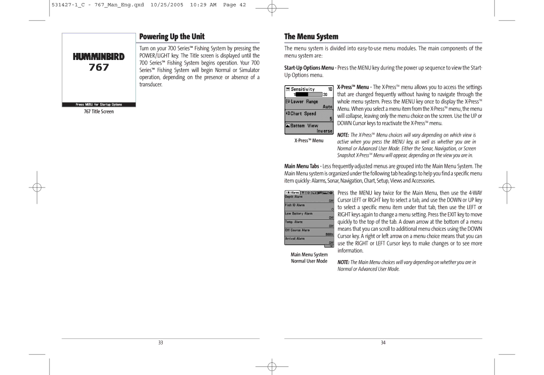 Humminbird 767 manual Powering Up the Unit, Menu System, Title Screen 