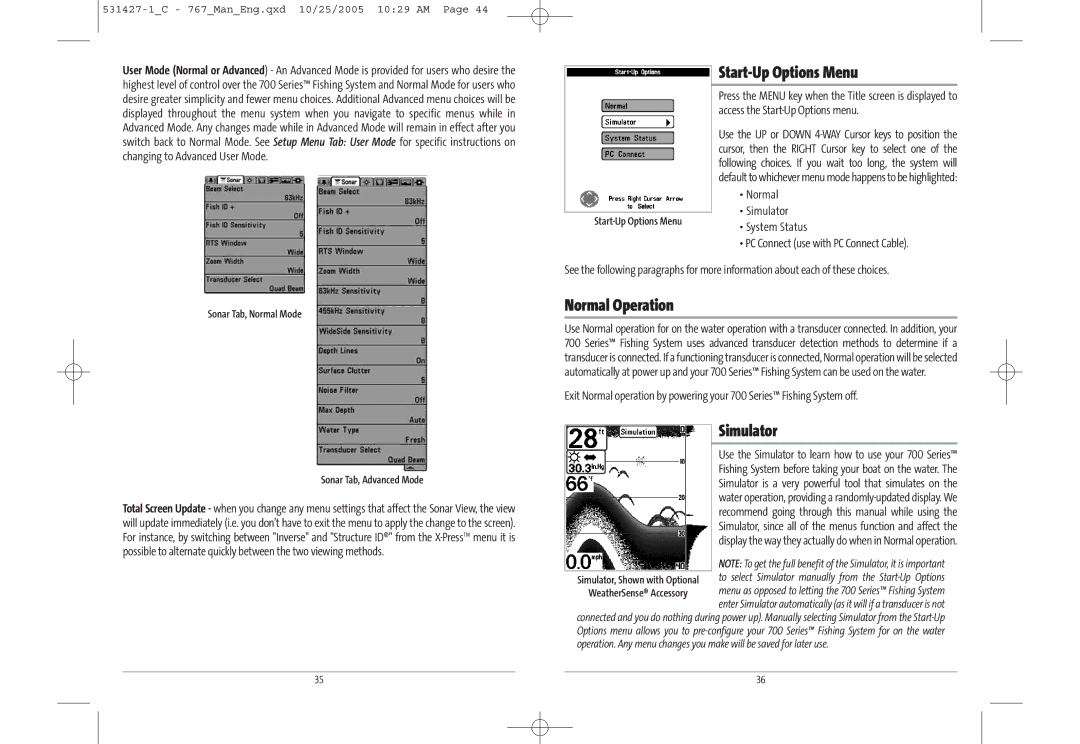 Humminbird 767 manual Start-Up Options Menu, Normal Operation, Simulator 