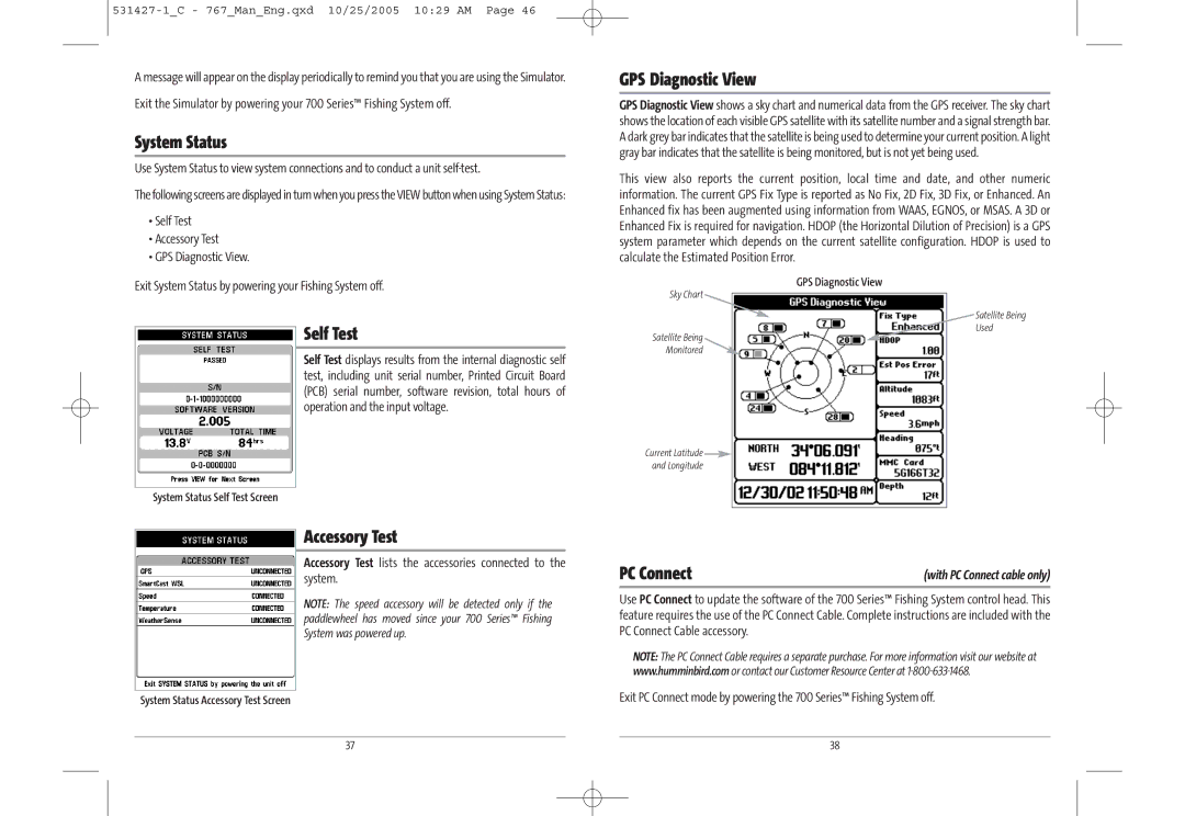 Humminbird 767 manual System Status, GPS Diagnostic View, Self Test, Accessory Test 