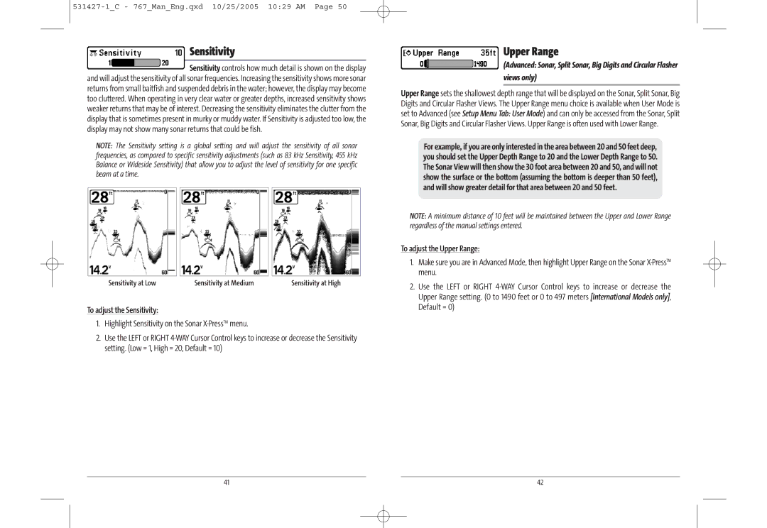 Humminbird 767 manual Upper Range, To adjust the Sensitivity, Highlight Sensitivity on the Sonar X-PressTMmenu 