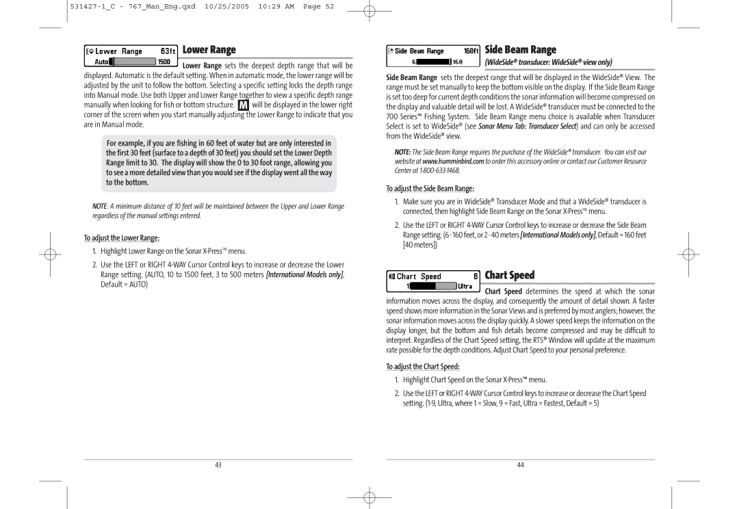 Humminbird 767 manual Lower Range, Side Beam Range, Chart Speed 