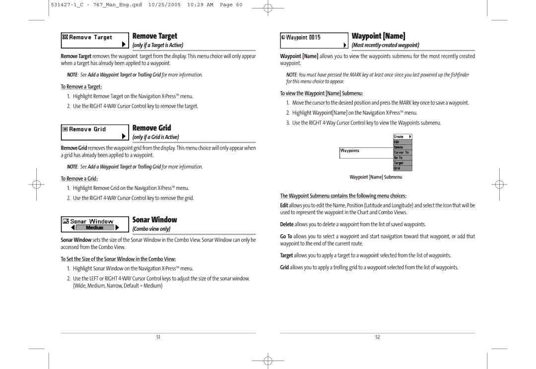 Humminbird 767 manual Remove Target, Remove Grid, Sonar Window 