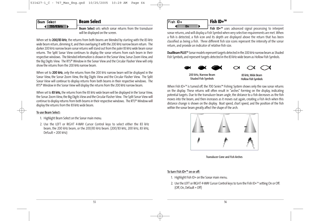 Humminbird 767 manual Fish ID+TM, To use Beam Select, To turn Fish ID+ on or off, Transducer Cone and Fish Arches 