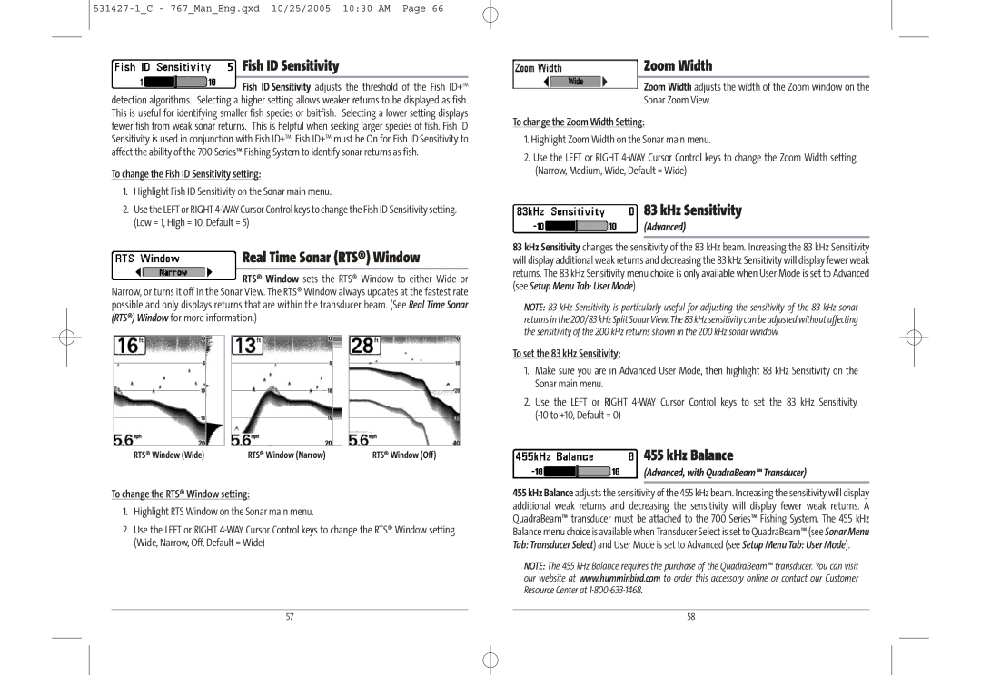 Humminbird 767 manual Fish ID Sensitivity, Zoom Width, KHz Sensitivity, KHz Balance 