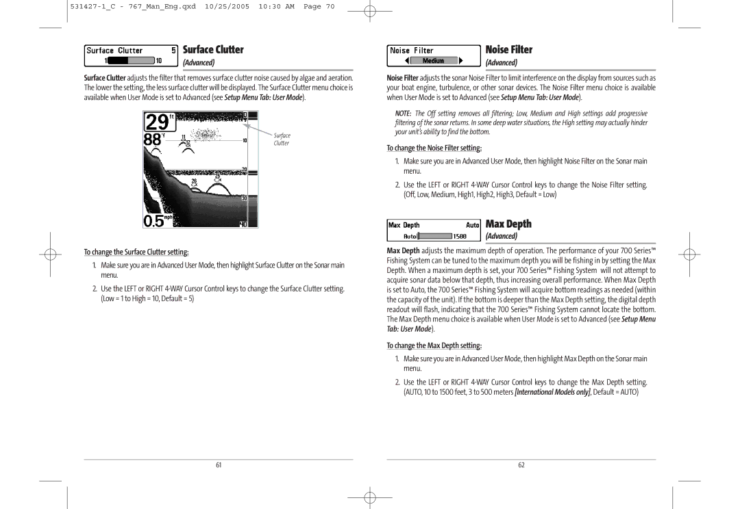 Humminbird 767 manual Surface Clutter, Noise Filter, Max Depth 