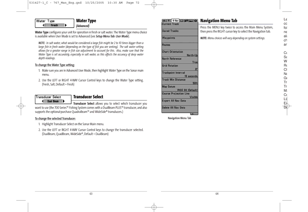 Humminbird 767 manual Transducer Select, Navigation Menu Tab, To change the Water Type setting 