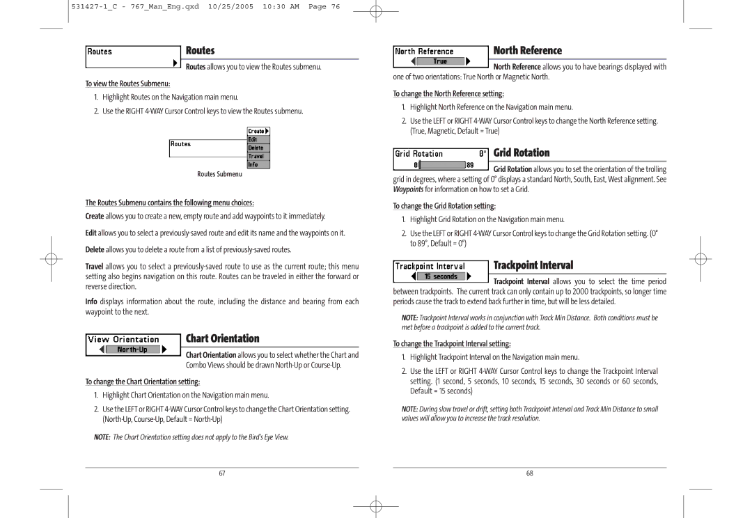 Humminbird 767 manual Routes, Chart Orientation, North Reference, Grid Rotation, Trackpoint Interval 