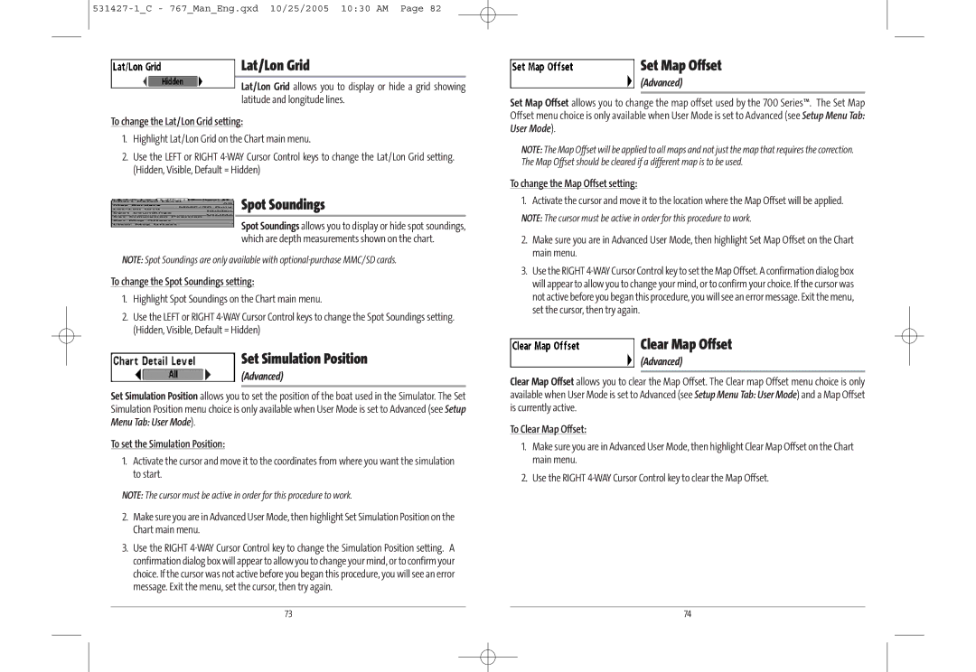 Humminbird 767 manual Lat/Lon Grid, Spot Soundings, Set Simulation Position, Set Map Offset, Clear Map Offset 