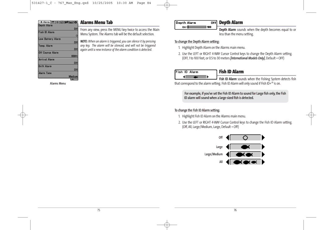 Humminbird 767 manual Alarms Menu Tab, To change the Depth Alarm setting, To change the Fish ID Alarm setting 