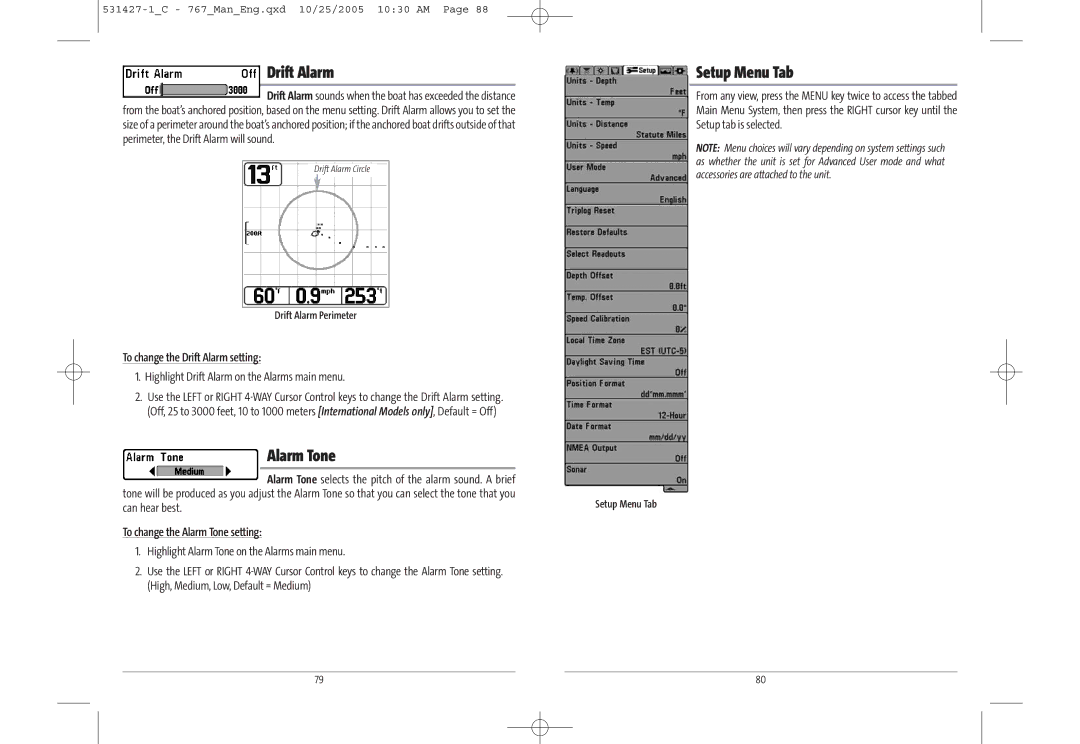 Humminbird 767 manual Drift Alarm, Setup Menu Tab, Alarm Tone 