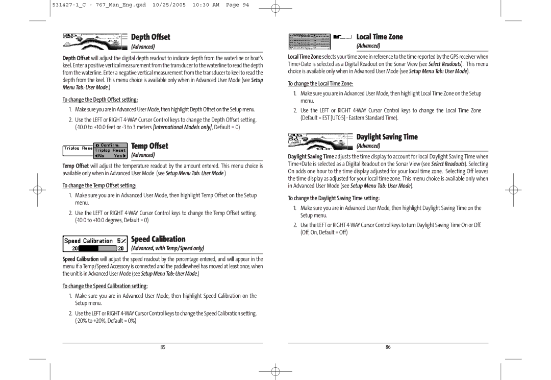 Humminbird 767 manual Depth Offset, Temp Offset, Speed Calibration, Advanced, with Temp/Speed only 