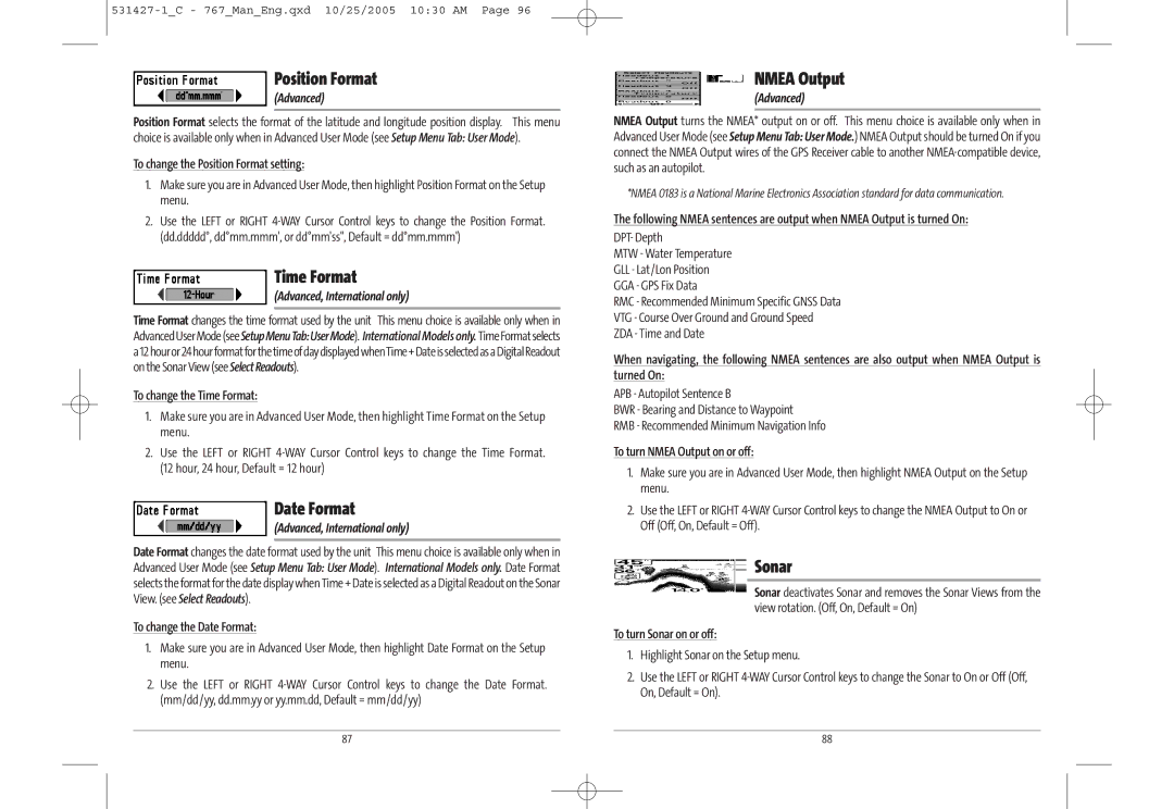 Humminbird 767 manual Position Format, Time Format, Date Format, Nmea Output, Sonar 