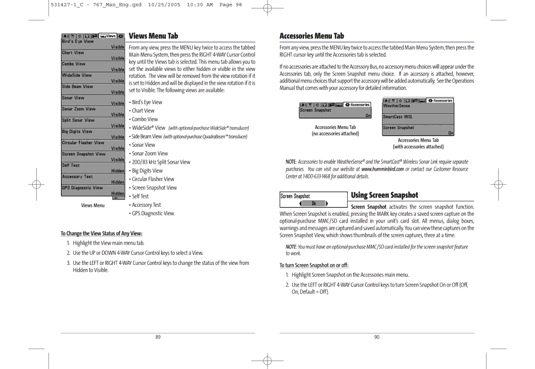 Humminbird 767 manual Views Menu Tab, Accessories Menu Tab, Using Screen Snapshot, To Change the View Status of Any View 