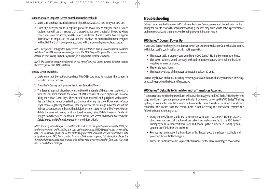 Humminbird 767 manual Troubleshooting, To make a screen snapshot Screen Snapshot must be enabled, To view screen snapshots 